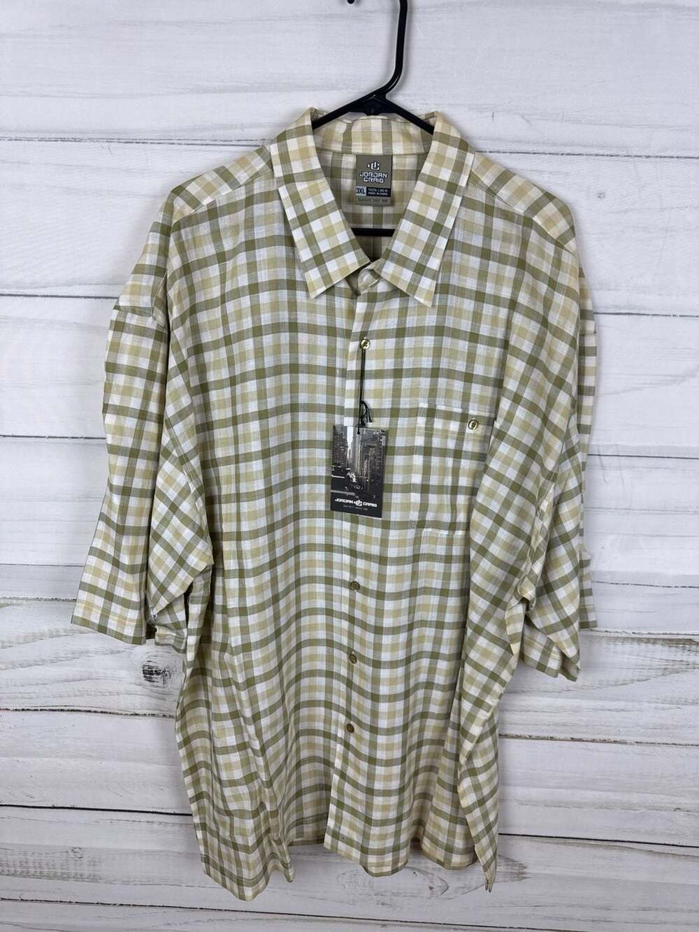 Jordan Craig Men's 3XL New With Tags 100% Linen Khaki Plaid Short Sleeve Button